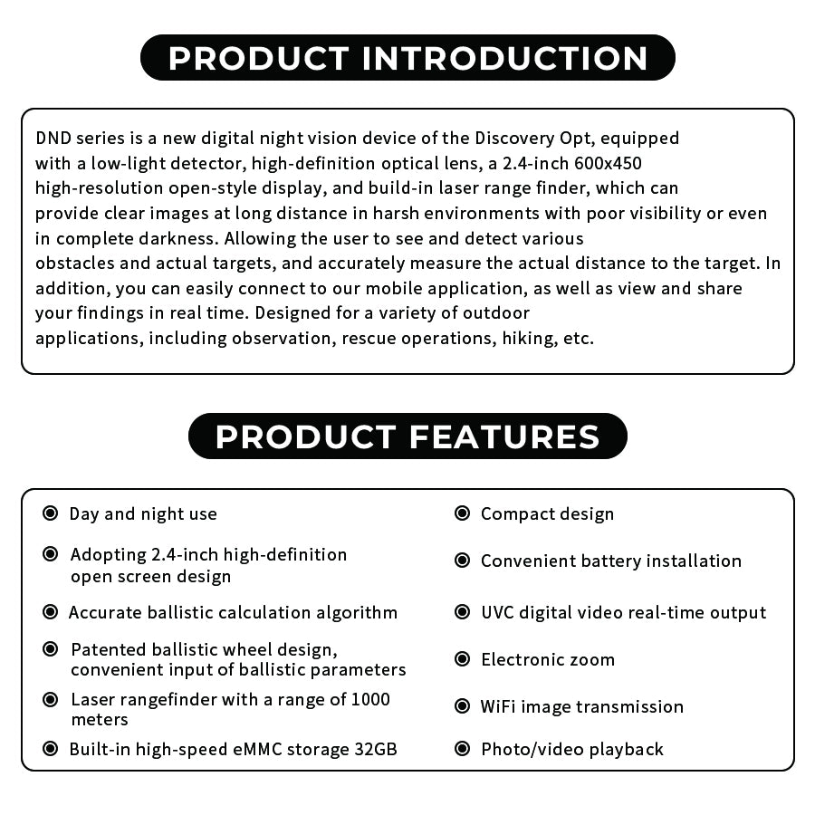 Luneta de Visão Noturna Digital DISCOVERYOPT DND350BC – Óptica de Visão Noturna de Alta Resolução com Telêmetro a Laser e Calculadora Balística