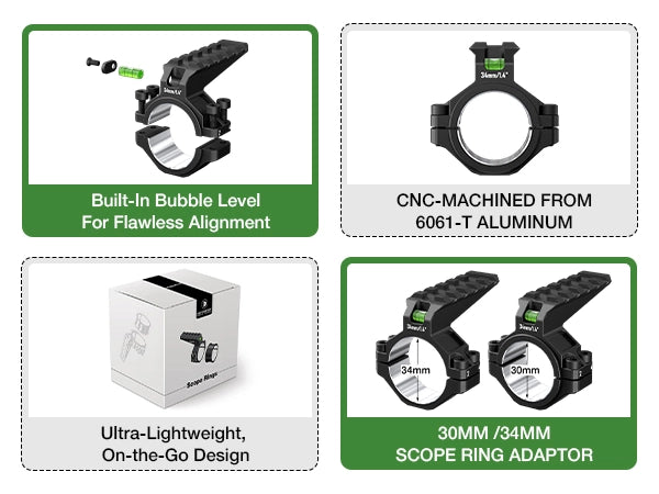 Adaptador de anel para luneta DISCOVERYOPT em alumínio 6061 – Tubo de 30 mm/34 mm | Montagem em trilho Picatinny com nível de bolha | Ferramenta de alinhamento de precisão