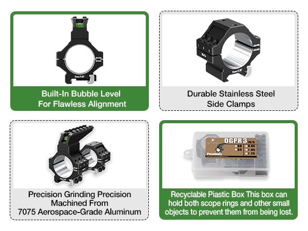 Anéis para Luneta DISCOVERYOPT em Alumínio 7075 Reforçado – Tubo de 30mm/34mm | Acabamento de Precisão com Nível de Bolha e Trilho Picatinny Superior | Compatível com Bases de 0,85"/1,05"/1,25"