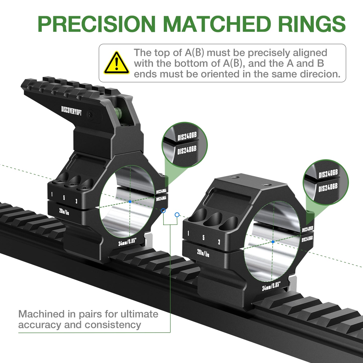 Anéis para Luneta DISCOVERYOPT em Alumínio 7075 Reforçado – Tubo de 30mm/34mm | Acabamento de Precisão com Nível de Bolha e Trilho Picatinny Superior | Compatível com Bases de 0,85"/1,05"/1,25"