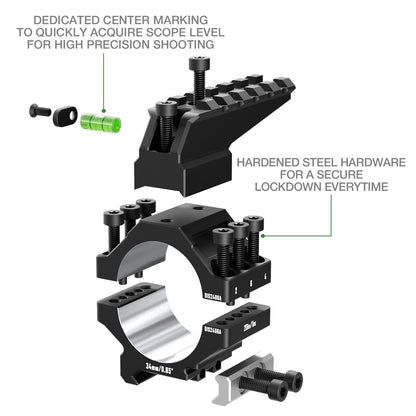 Anéis para Luneta DISCOVERYOPT em Alumínio 7075 Reforçado – Tubo de 30mm/34mm | Acabamento de Precisão com Nível de Bolha e Trilho Picatinny Superior | Compatível com Bases de 0,85"/1,05"/1,25"
