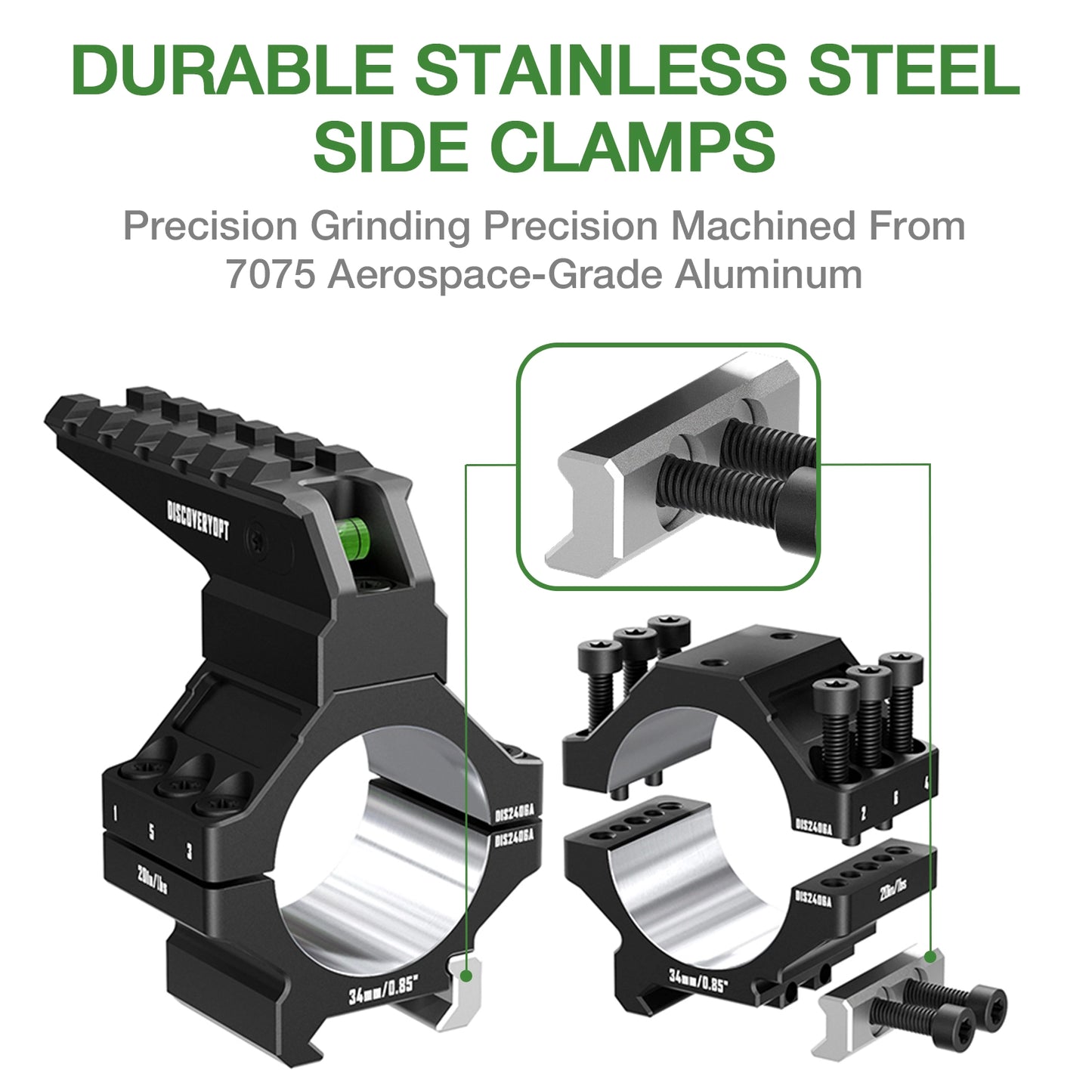 Anéis para Luneta DISCOVERYOPT em Alumínio 7075 Reforçado – Tubo de 30mm/34mm | Acabamento de Precisão com Nível de Bolha e Trilho Picatinny Superior | Compatível com Bases de 0,85"/1,05"/1,25"