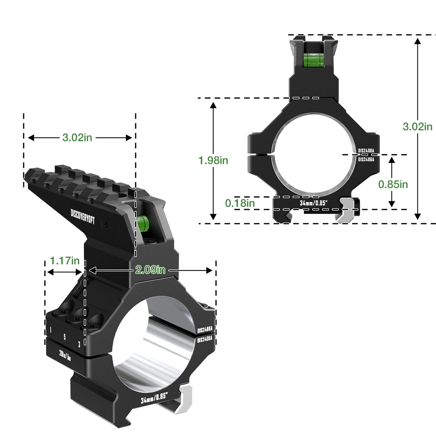 Anéis para Luneta DISCOVERYOPT em Alumínio 7075 Reforçado – Tubo de 30mm/34mm | Acabamento de Precisão com Nível de Bolha e Trilho Picatinny Superior | Compatível com Bases de 0,85"/1,05"/1,25"