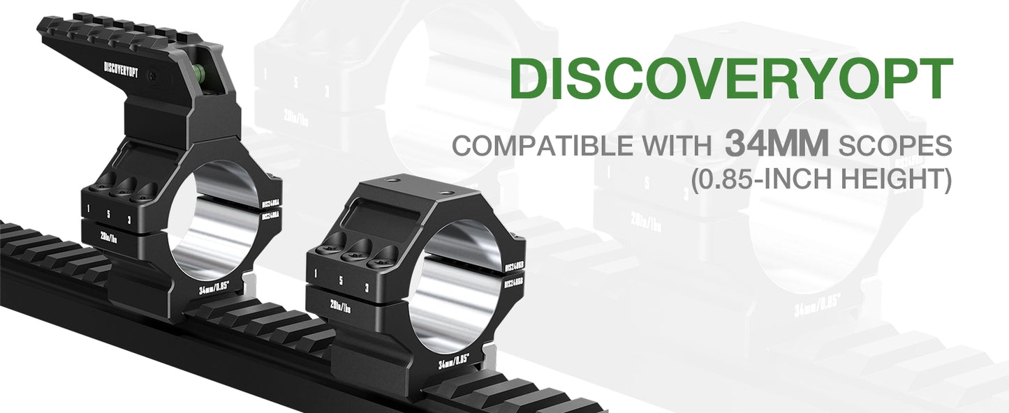 Anéis para Luneta DISCOVERYOPT em Alumínio 7075 Reforçado – Tubo de 30mm/34mm | Acabamento de Precisão com Nível de Bolha e Trilho Picatinny Superior | Compatível com Bases de 0,85"/1,05"/1,25"
