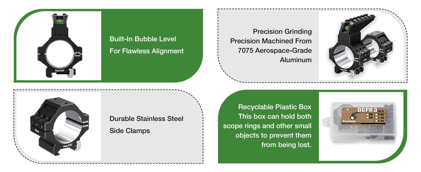 Anéis para Luneta DISCOVERYOPT em Alumínio 7075 Reforçado – Tubo de 30mm/34mm | Acabamento de Precisão com Nível de Bolha e Trilho Picatinny Superior | Compatível com Bases de 0,85"/1,05"/1,25"