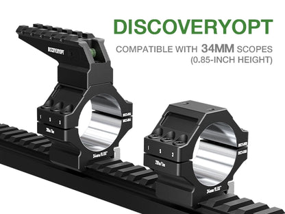 Anéis para Luneta DISCOVERYOPT em Alumínio 7075 Reforçado – Tubo de 30mm/34mm | Acabamento de Precisão com Nível de Bolha e Trilho Picatinny Superior | Compatível com Bases de 0,85"/1,05"/1,25"