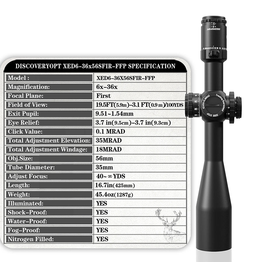 DISCOVERYOPT XED 6-36X56SFIR FFP-MRAD/MOA-ZERO STOP Diameter:35MM Optics Scopes