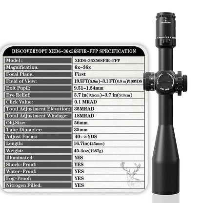 DISCOVERYOPT XED 6-36X56SFIR FFP-MRAD/MOA-ZERO STOP Diameter:35MM Optics Scopes