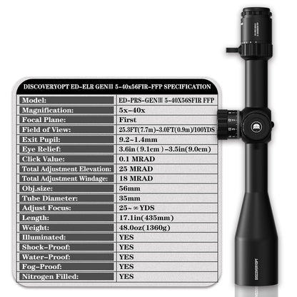 Luneta DISCOVERYOPT ED-ELR GEN II 5-40X56SFIR FFP-MRAD/MOA-Z Diâmetro: 35 mm 