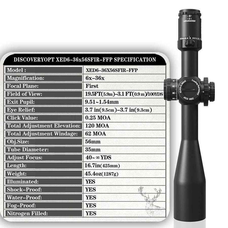 DISCOVERYOPT XED 6-36X56SFIR FFP-MRAD/MOA-ZERO STOP Diameter:35MM Optics Scopes
