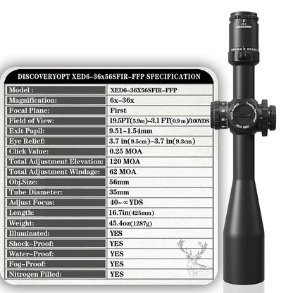 DISCOVERYOPT XED 6-36X56SFIR FFP-MRAD/MOA-ZERO STOP Diameter:35MM Optics Scopes